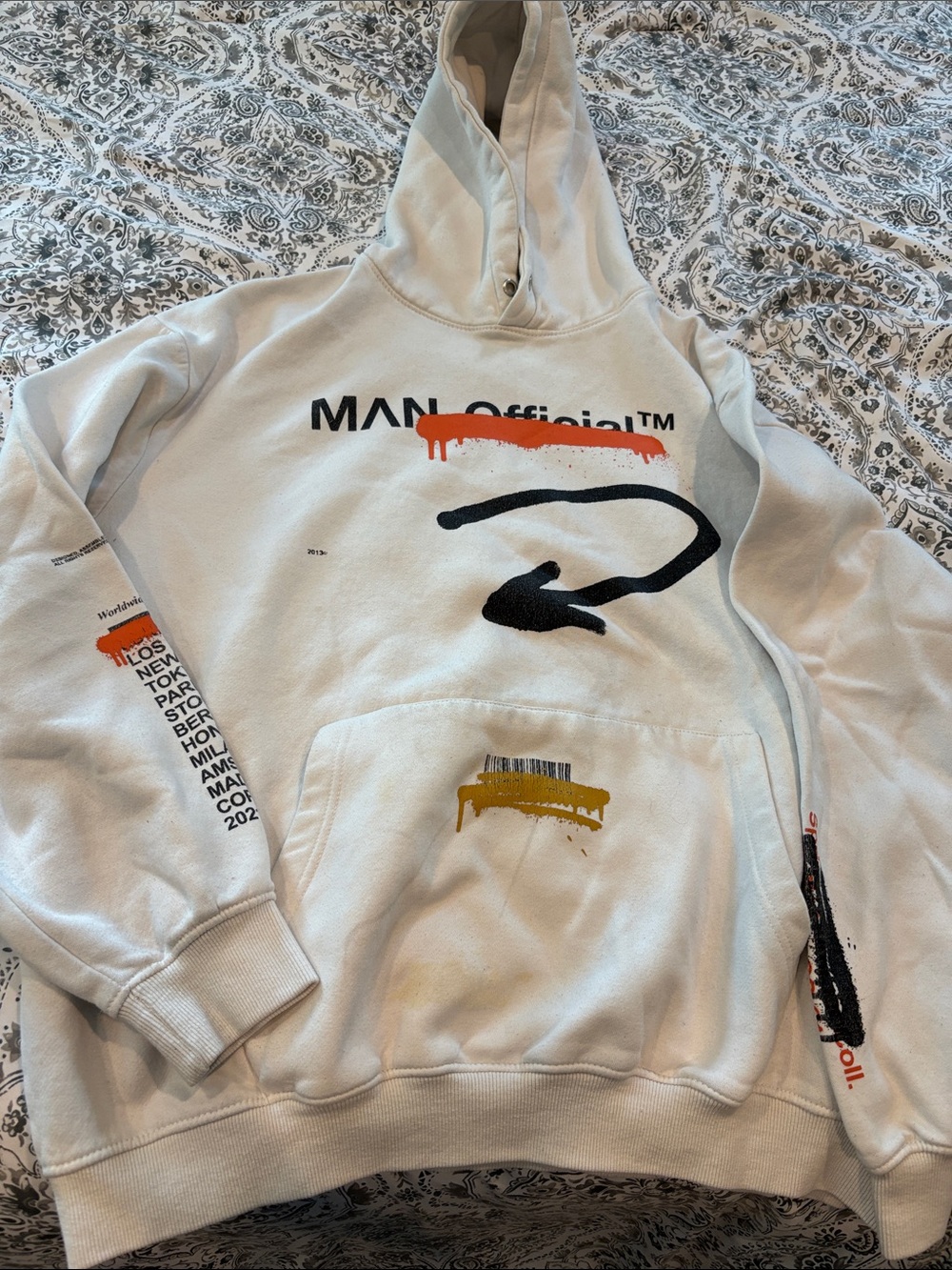 Boohoo Mens Off-White Graphic Hoodie with Black, Orange and Gold Accents